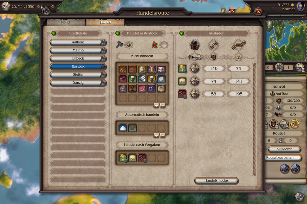 Patrician IV trade route interface with Baltic cities, goods, ship cargo settings, and a convoy panel