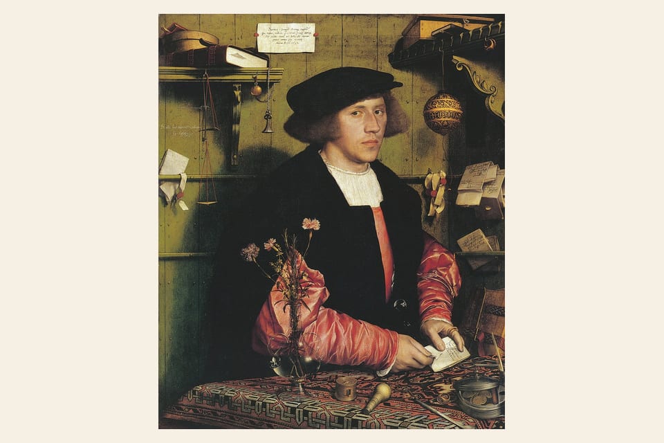 Hans Holbein portrait of Steelyard merchant Georg Gisze with letters, seals, scales, and desk objects