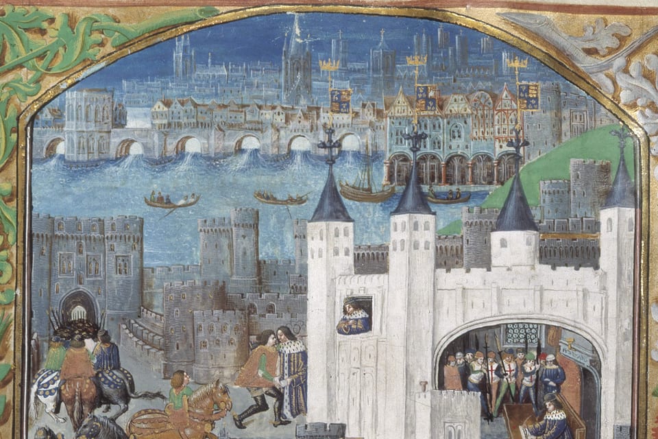 Late medieval manuscript view of London with the Tower, London Bridge, boats, and the Thames