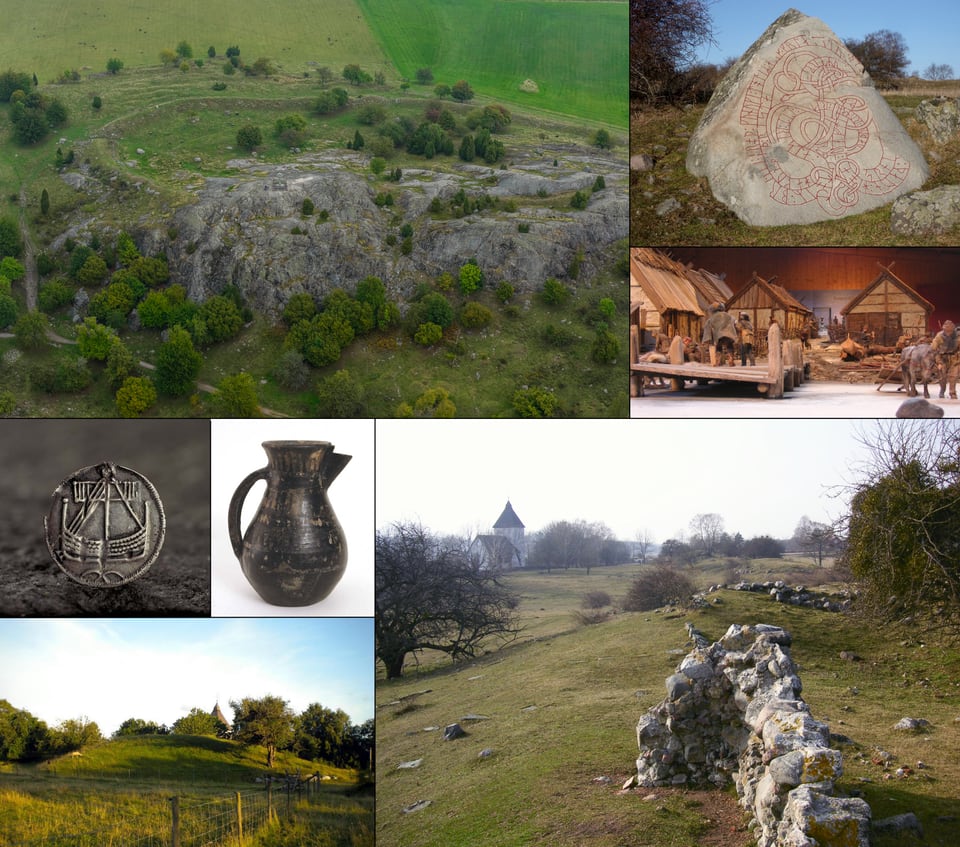 Collage of Birka and Hovgarden archaeological sites, a rune stone, a model, coins, and pottery