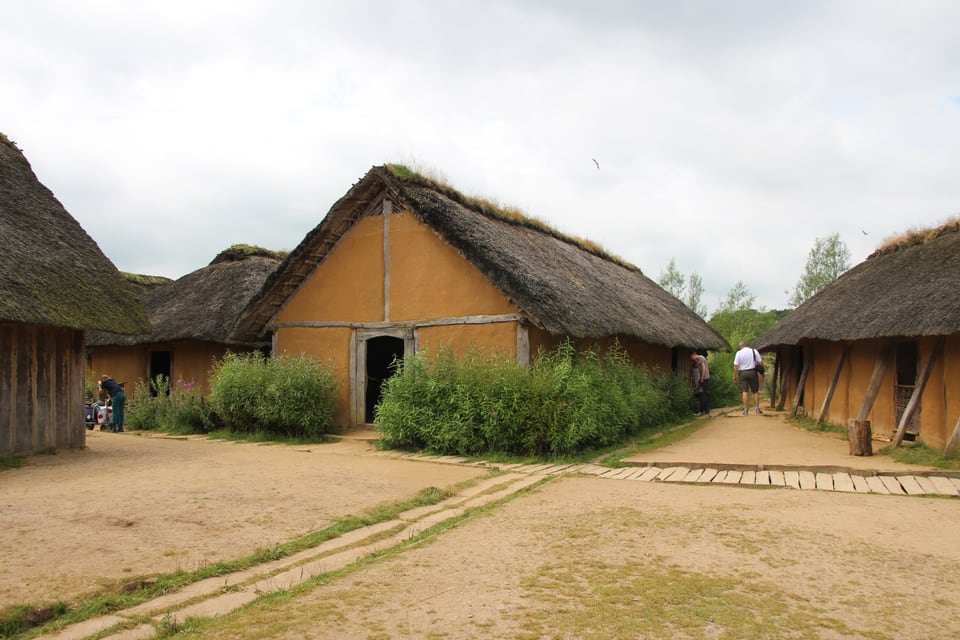 Reconstructed Viking houses at Haithabu with thatched roofs and timber paths