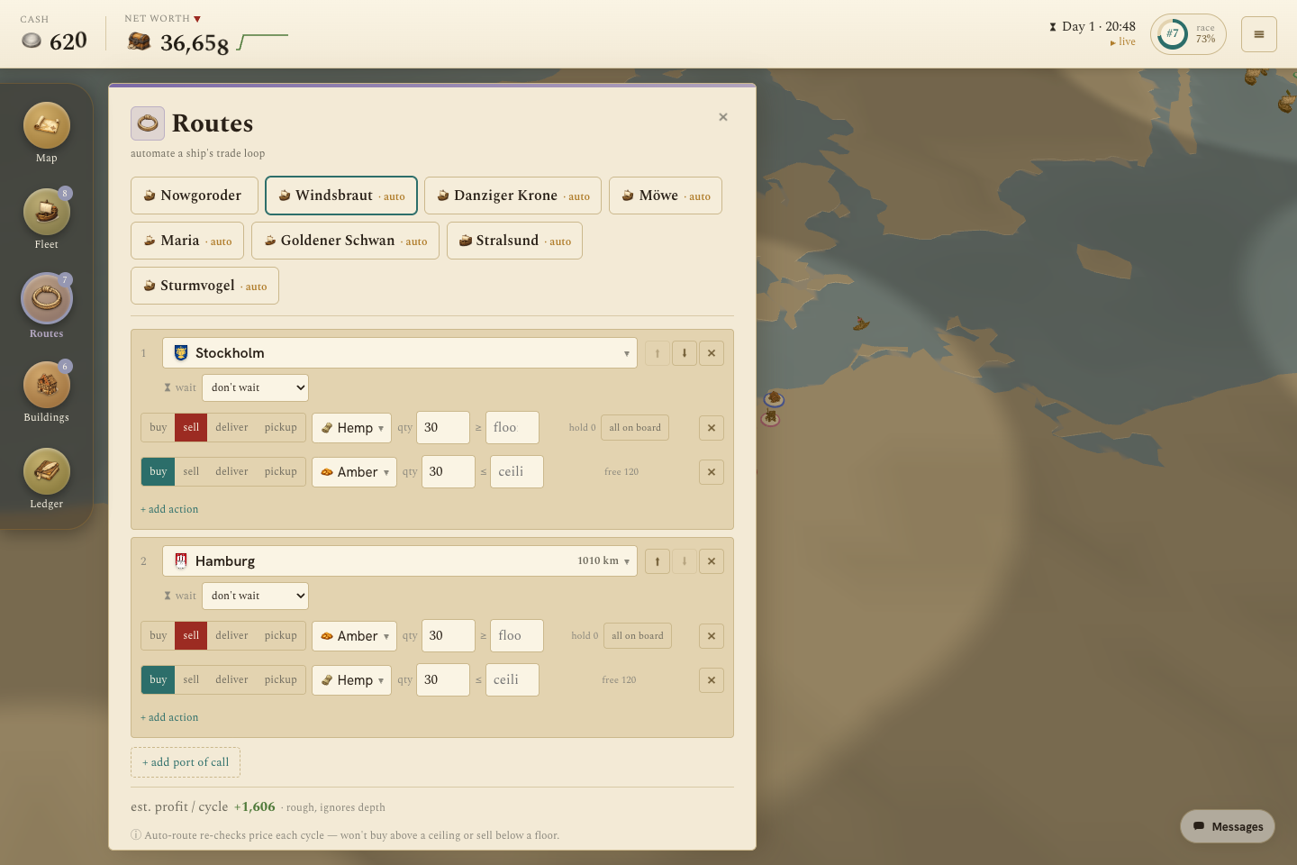Hansa Trader automated route editor showing two ports, buy and sell rules, quantities, price floors and ceilings, and estimated profit per cycle