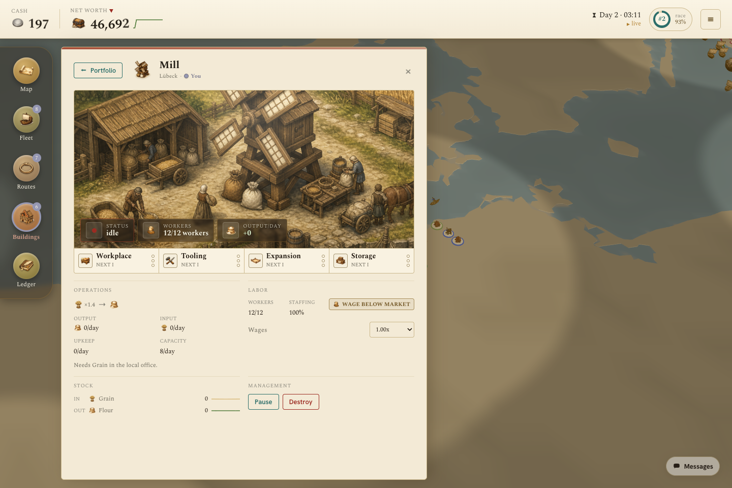 Hansa Trader owned mill detail screen showing workers, input grain, output flour, stock, capacity, wages, upgrades, and management actions