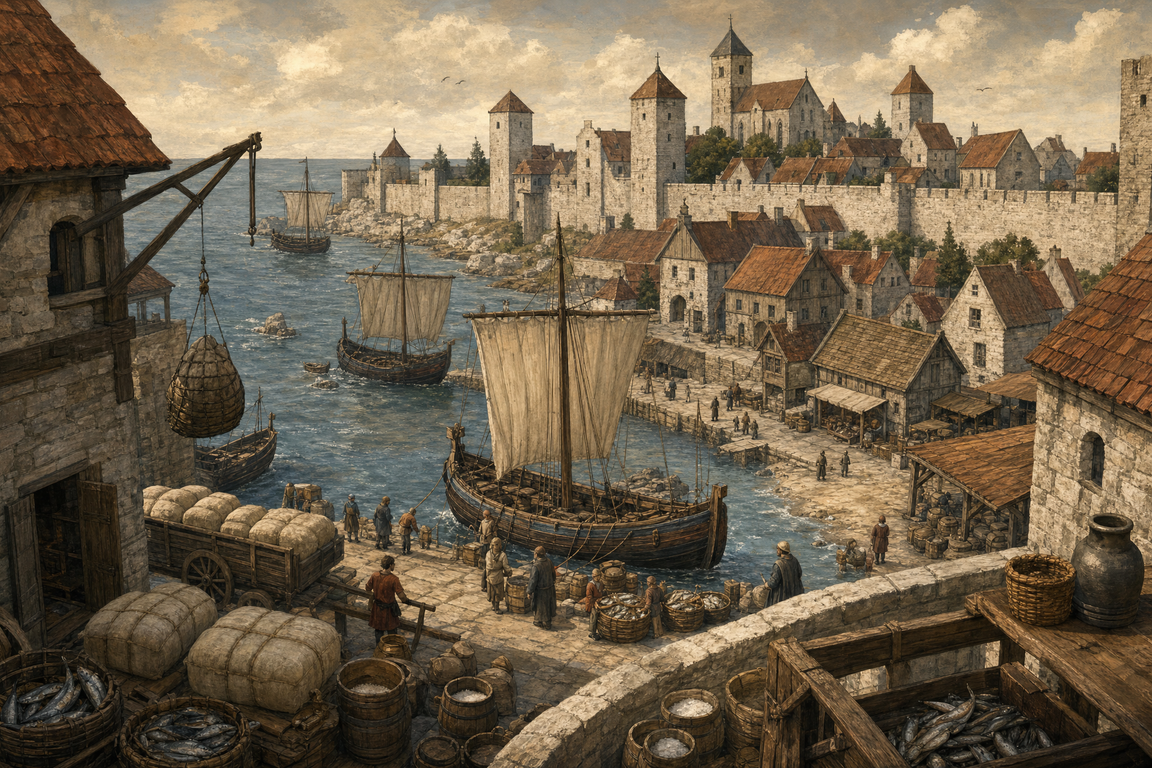 Stylized hand-painted medieval Visby harbor scene with a walled town and merchant ships